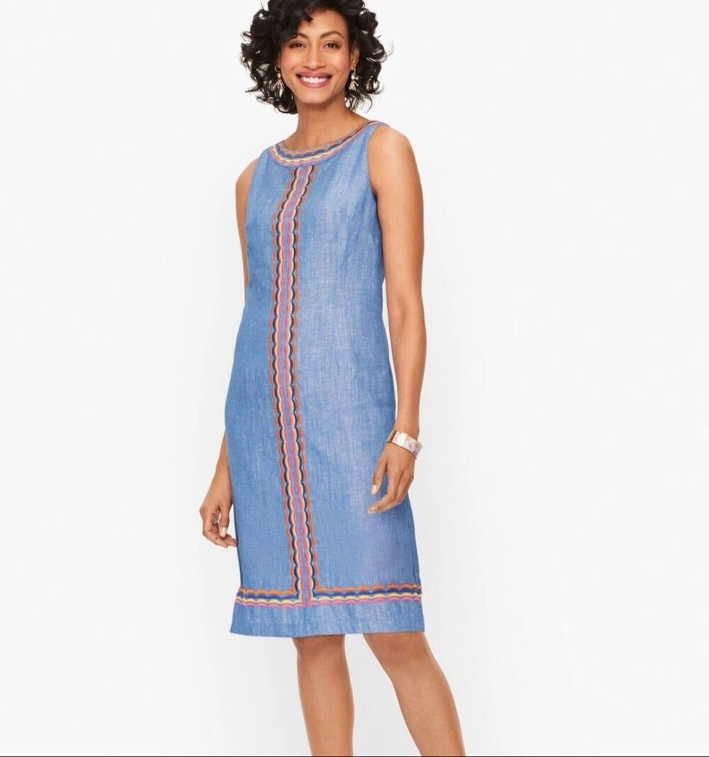 Talbots Blue Linen blend Chambray Scallop Embroidery Detail Shift Dress Sz 14W